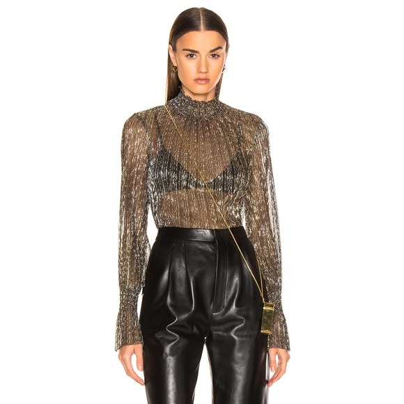 L'AGENCE Tops - L'AGENCE Paola Blouse XS Gold Black Metallic Sheer Pleated Mock Neck Sexy Chic